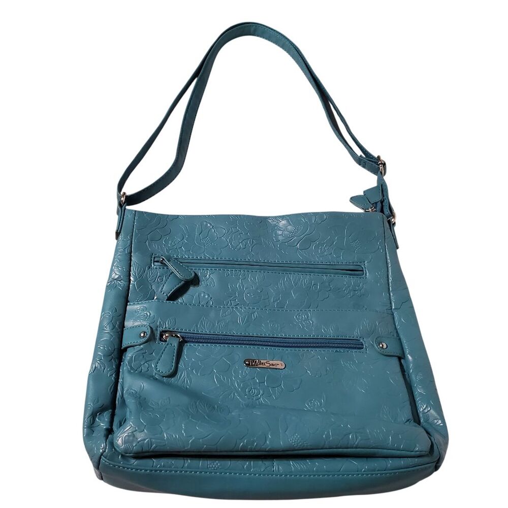 MultiSac Lorraine Crossbody Bag Beach Glass Flowers Blue Teal Floral Embossed - Picture 3 of 10